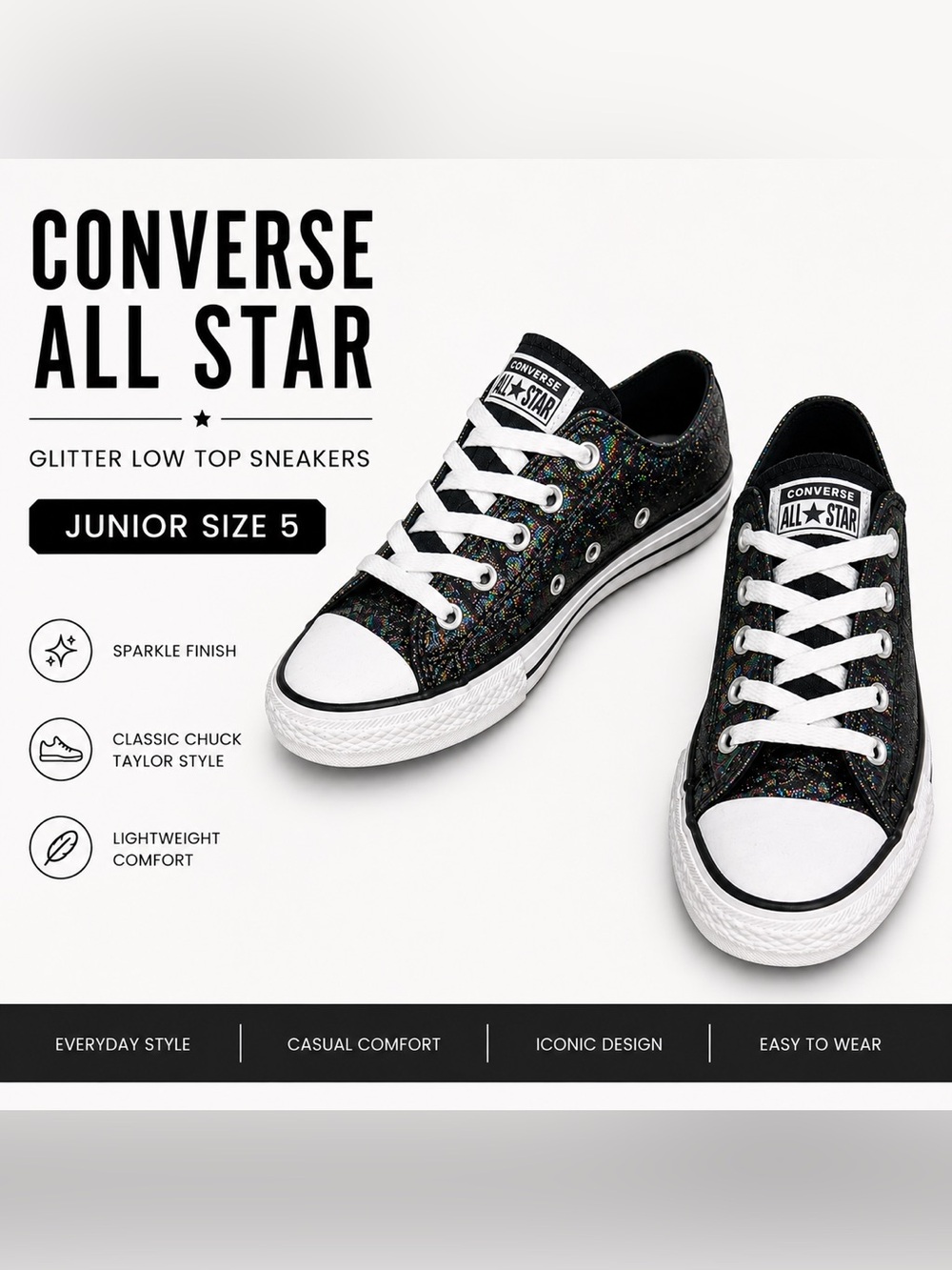 Converse All Star Glitter Low Top Sneakers | Black Multi Sparkle Junior Size 5